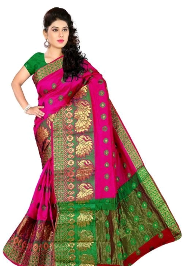 Jacquard Work Banarsi Cotton Silk  Saree With Blouse Piece -  Pink/ Green